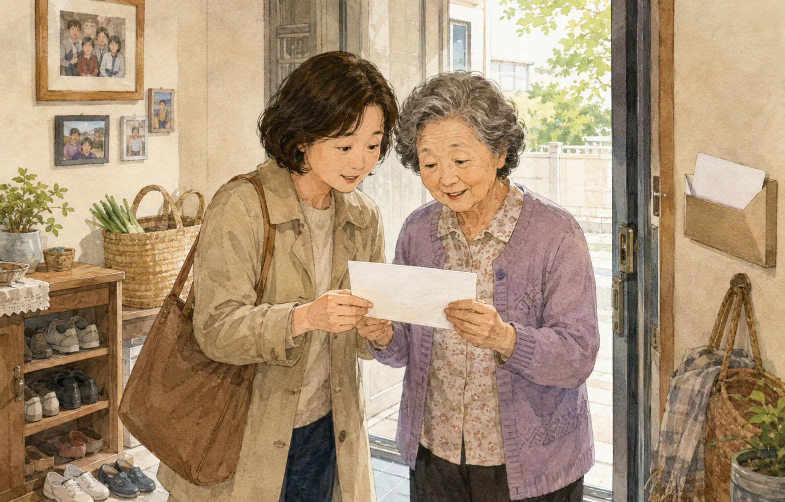 부모님 집 현관에서 중년 자녀와 고령의 어머니가 어머니 앞으로 따로 도착한 건강보험 고지서 봉투를 함께 보고 있다.
