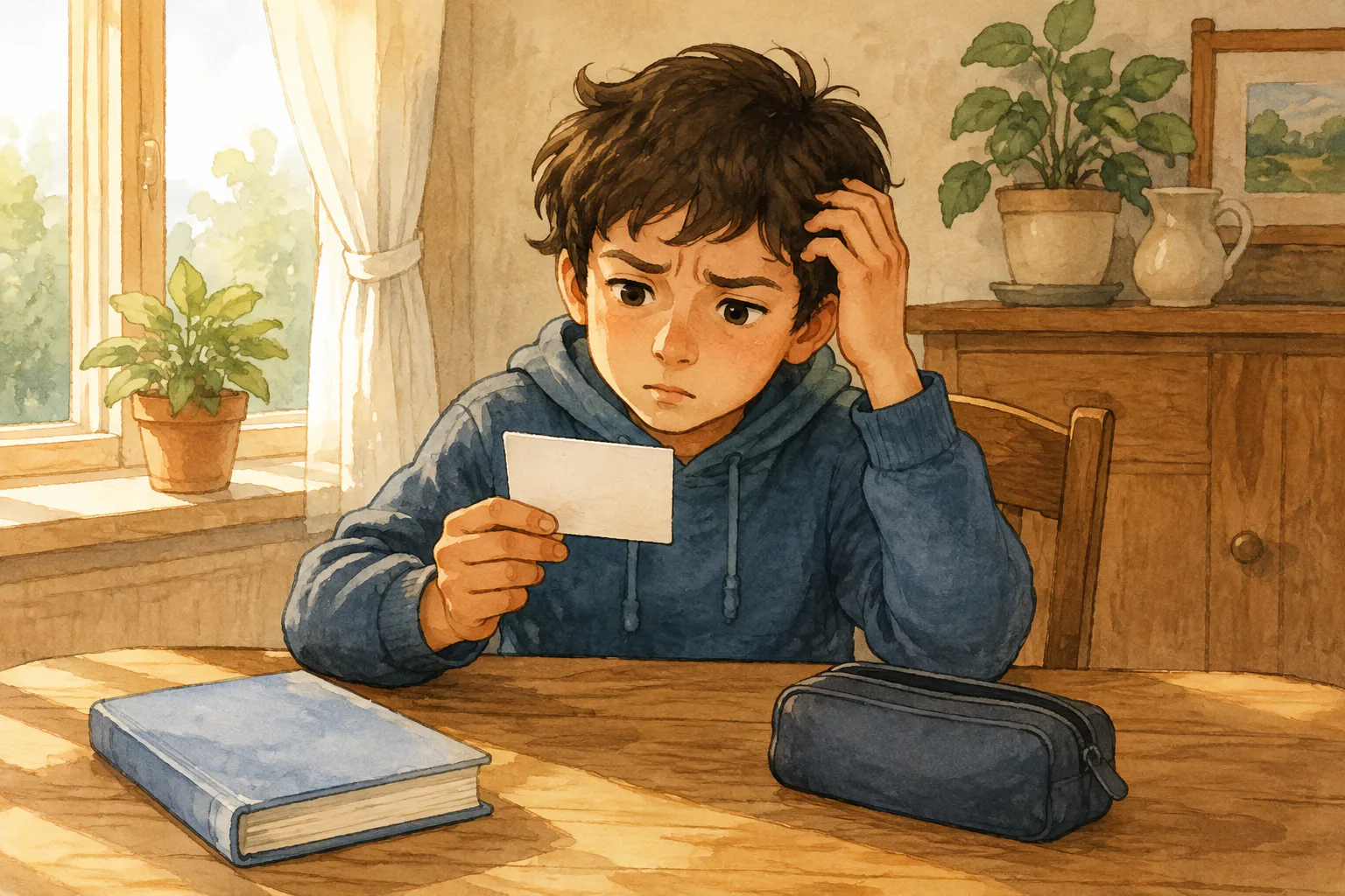 아침 식탁에 앉은 학생이 단어 카드 한 장을 들고 고개를 갸웃하며 기억을 더듬고 있어요.