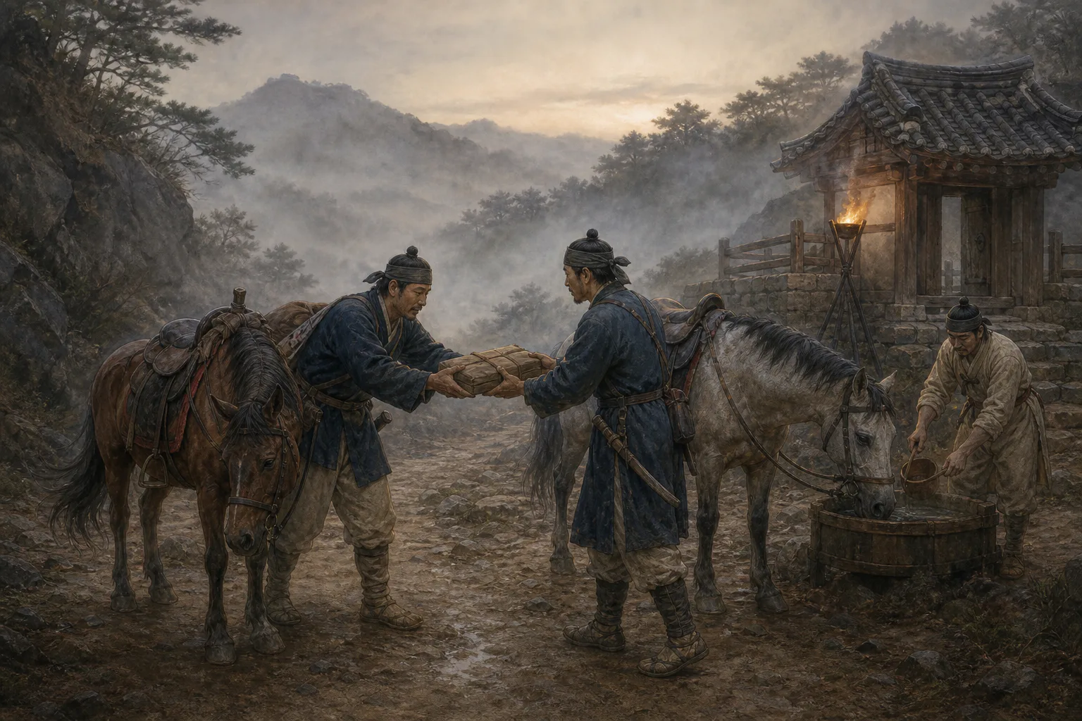안개 낀 조선 시대 산길의 파발참에서 말에서 내린 발군이 봉인된 문서를 새 말 곁에 선 다음 발군에게 건네고 있어요.
