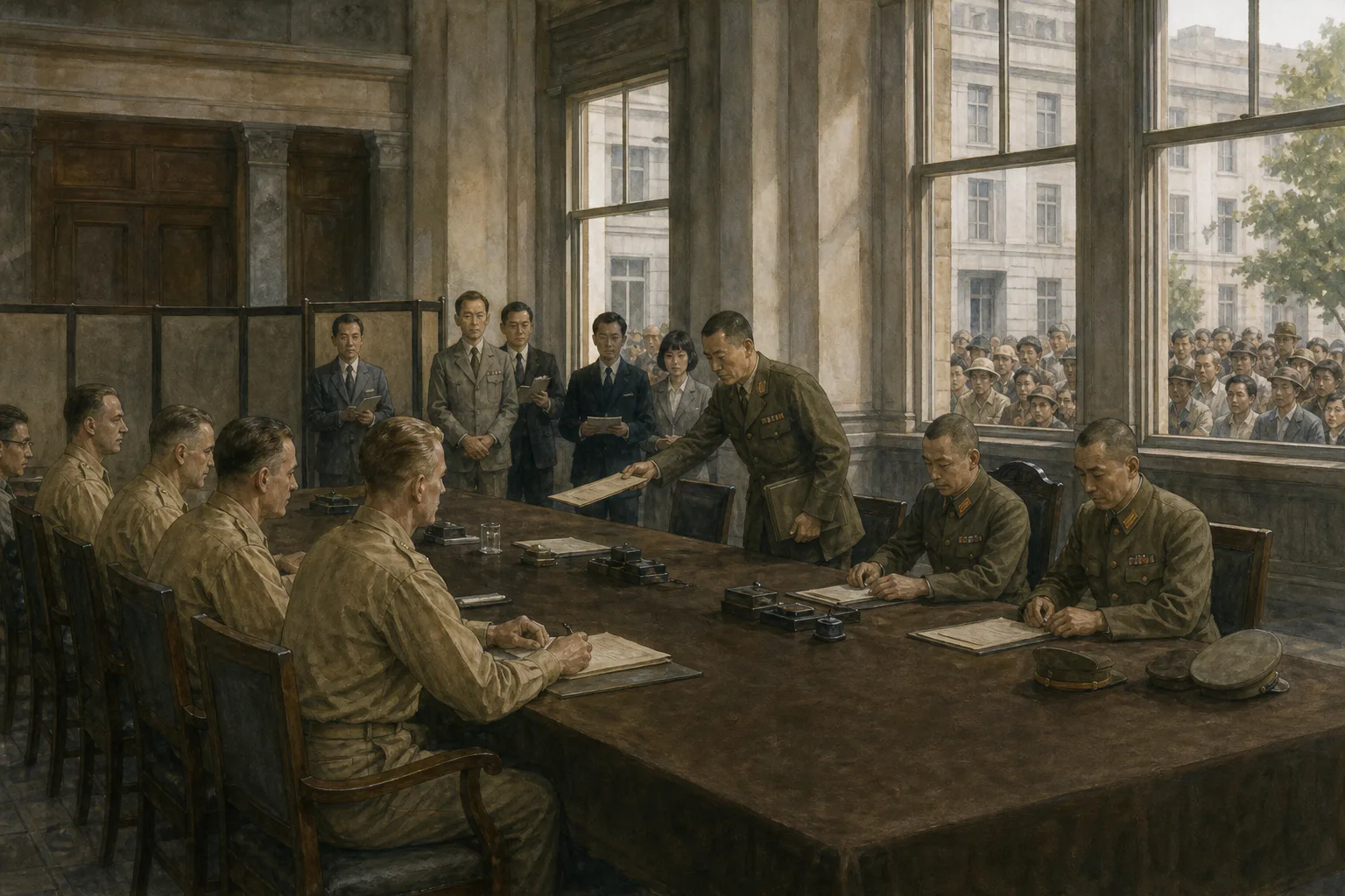 1945년 9월 서울의 옛 조선총독부에서 미군이 일본군의 항복을 접수하고, 한국인 시민들이 건물 밖에서 상황을 지켜보는 모습