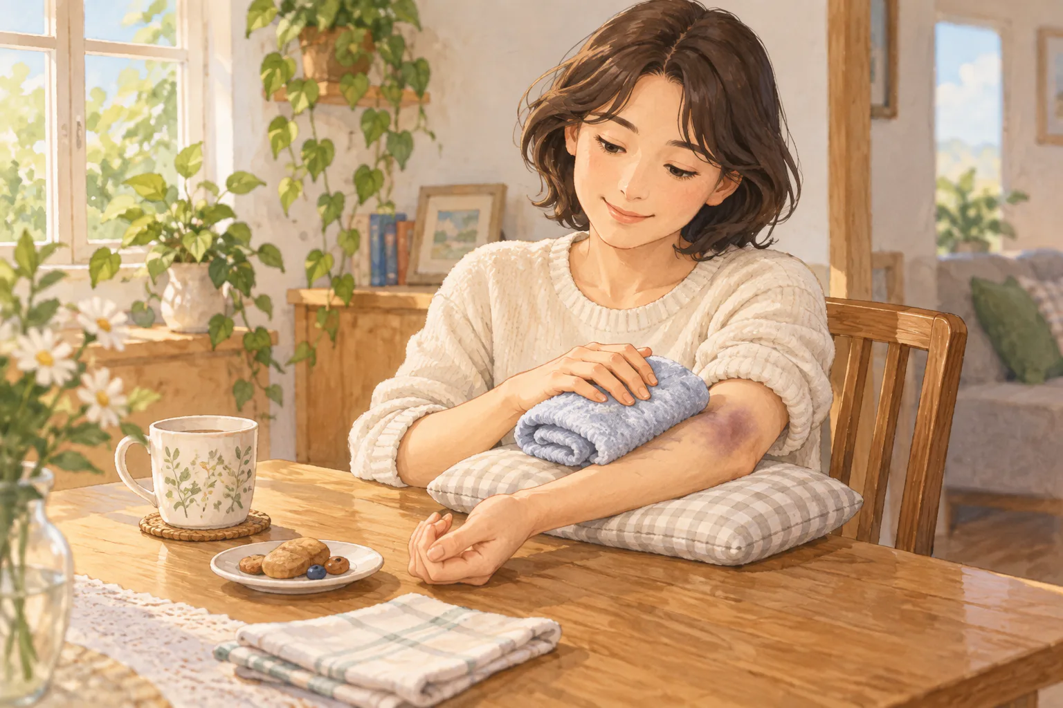 집 식탁 옆에 앉은 성인이 받침 위에 팔을 편안히 놓고 얇은 수건으로 감싼 냉찜질 팩을 멍든 부위에 올린 모습