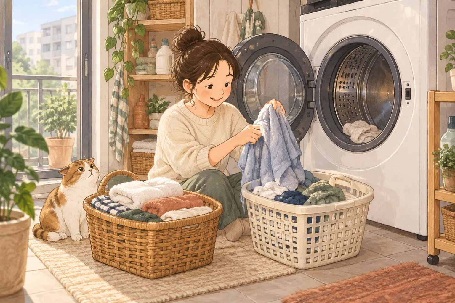 한 사람이 열린 세탁건조기 앞에서 젖은 수건과 옷을 두 바구니에 나누어 담고 있는 모습이에요.