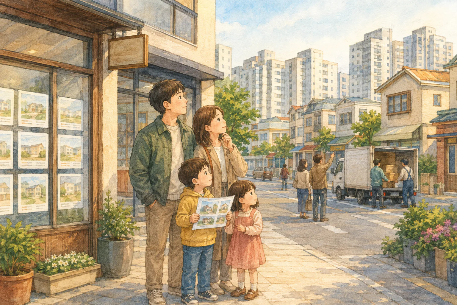 부동산 중개사무소 앞에 선 가족이 주택 안내지를 들고 주변 아파트 단지를 바라보고 있다.