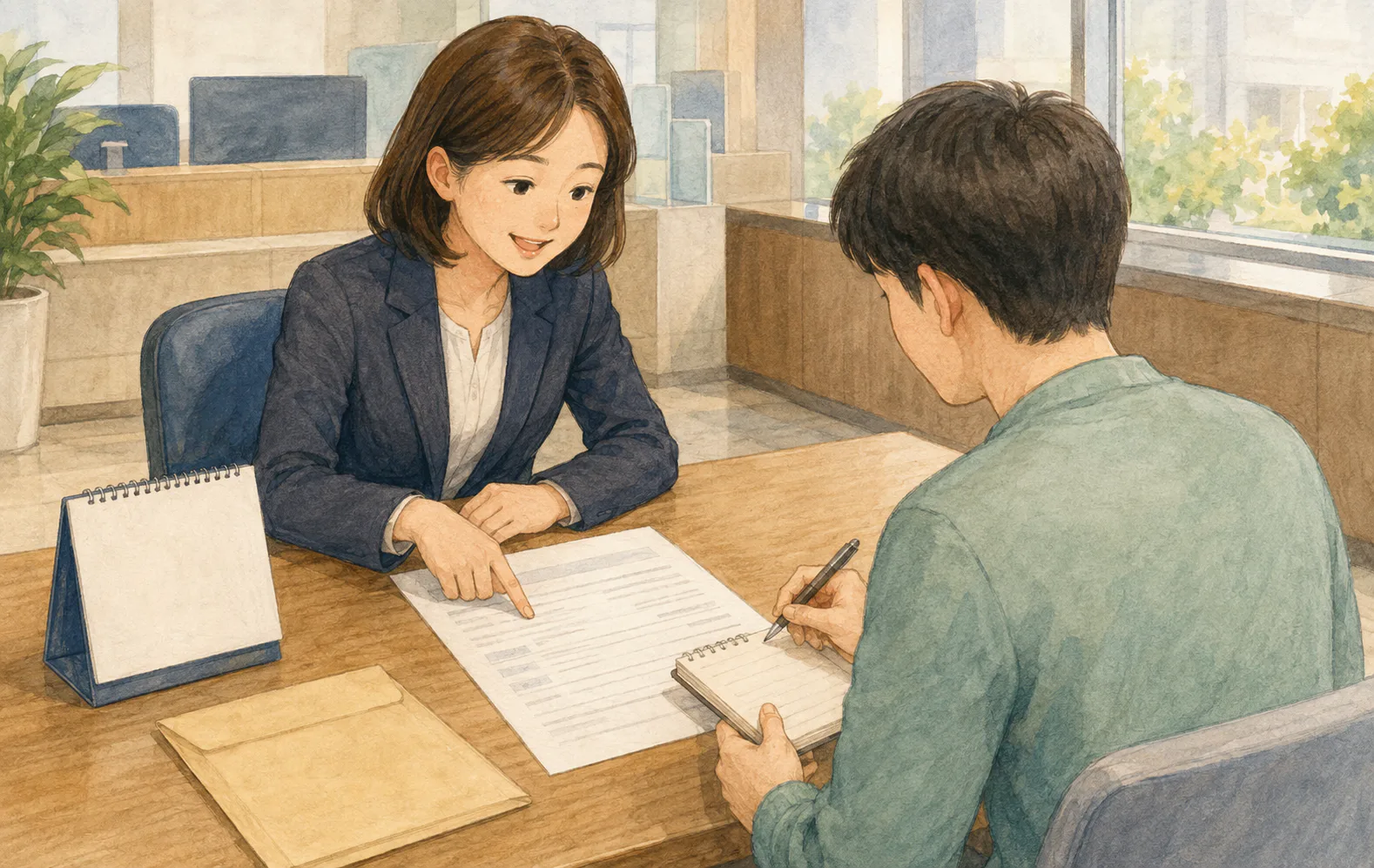 은행 상담석에서 직원이 서류 한 부분을 가리키고 고객이 탁상 달력 옆에서 수첩에 메모하고 있다.