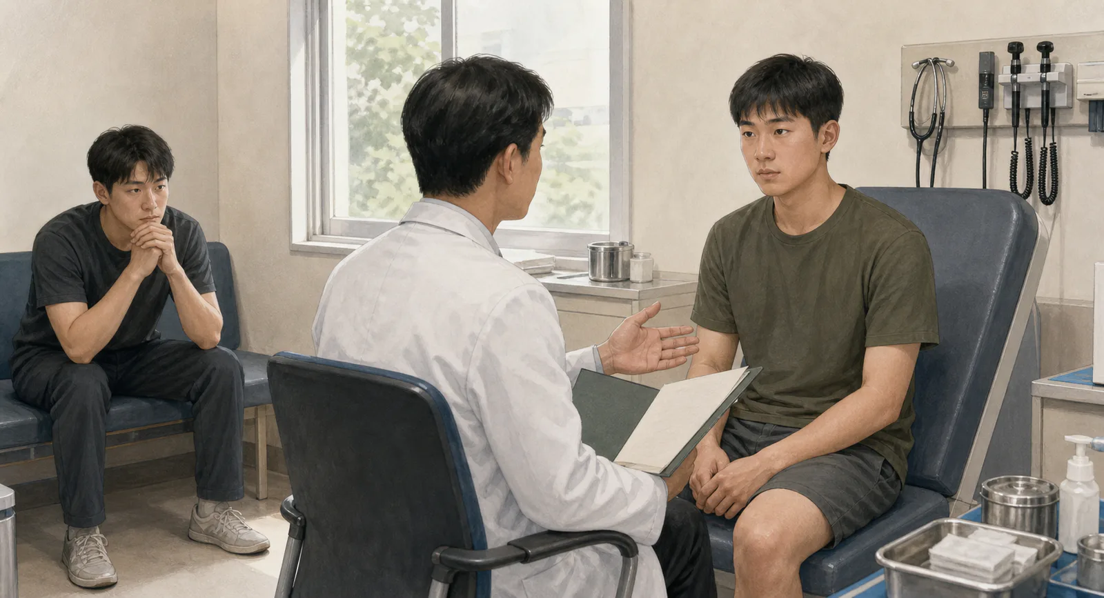 검사실에서 의사가 파일을 펼쳐 설명하는 동안 진료 의자에 앉은 청년과 대기석의 친구가 긴장된 표정으로 듣고 있다.