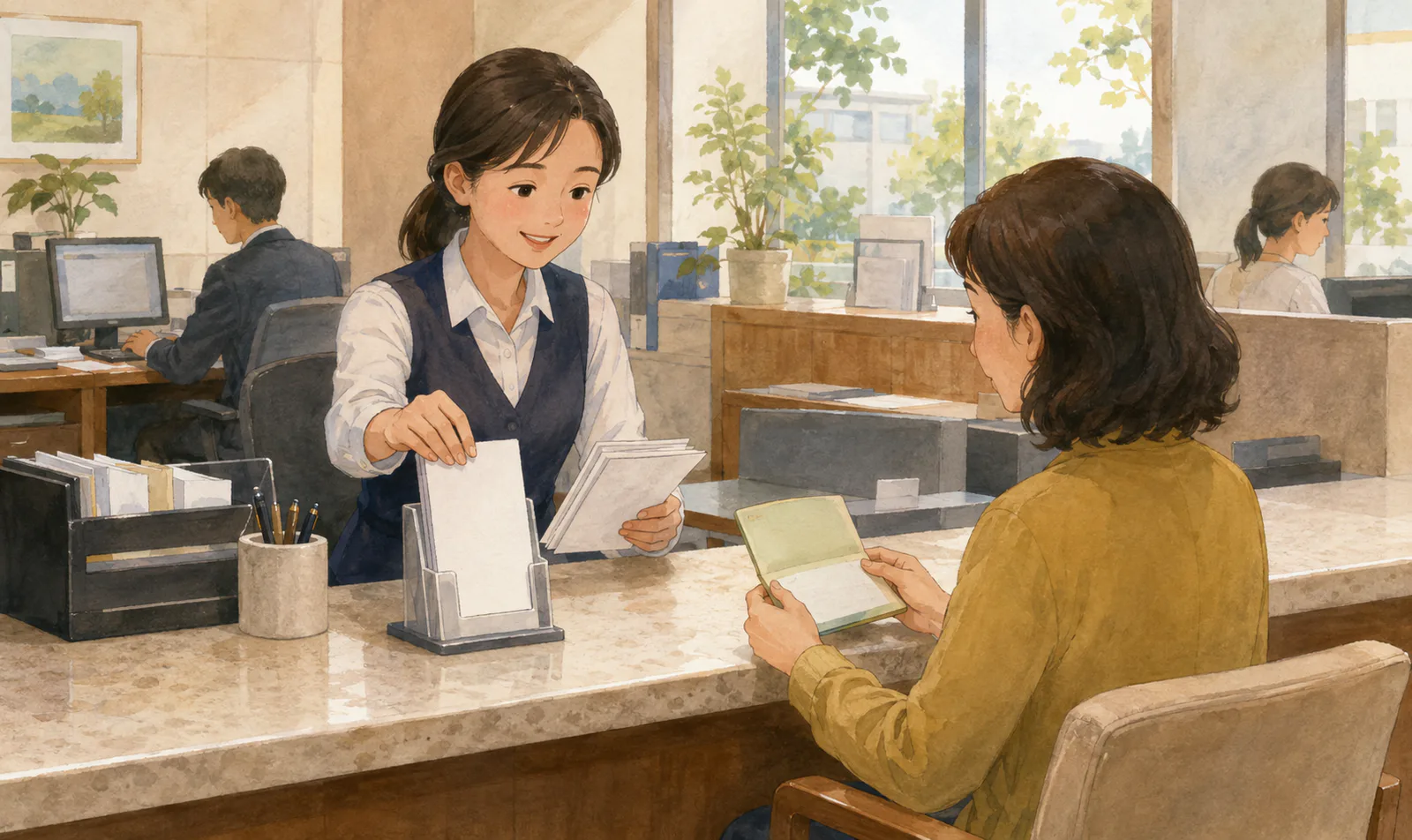 은행 직원이 창구의 새 상품 안내지를 교체하는 동안 고객은 기존 예금 통장을 손에 들고 기다리고 있어요.