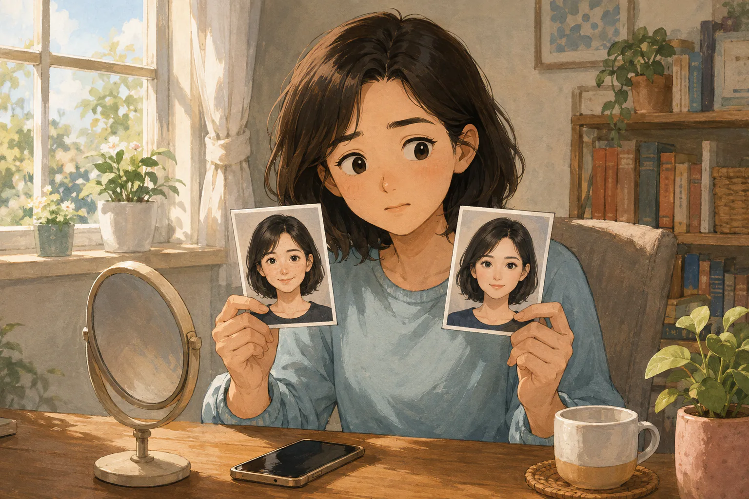 한 사람이 책상 앞에서 피부 결이 자연스러운 증명사진과 얼굴이 매끈하게 보정된 증명사진을 양손에 들고 비교하고 있다.
