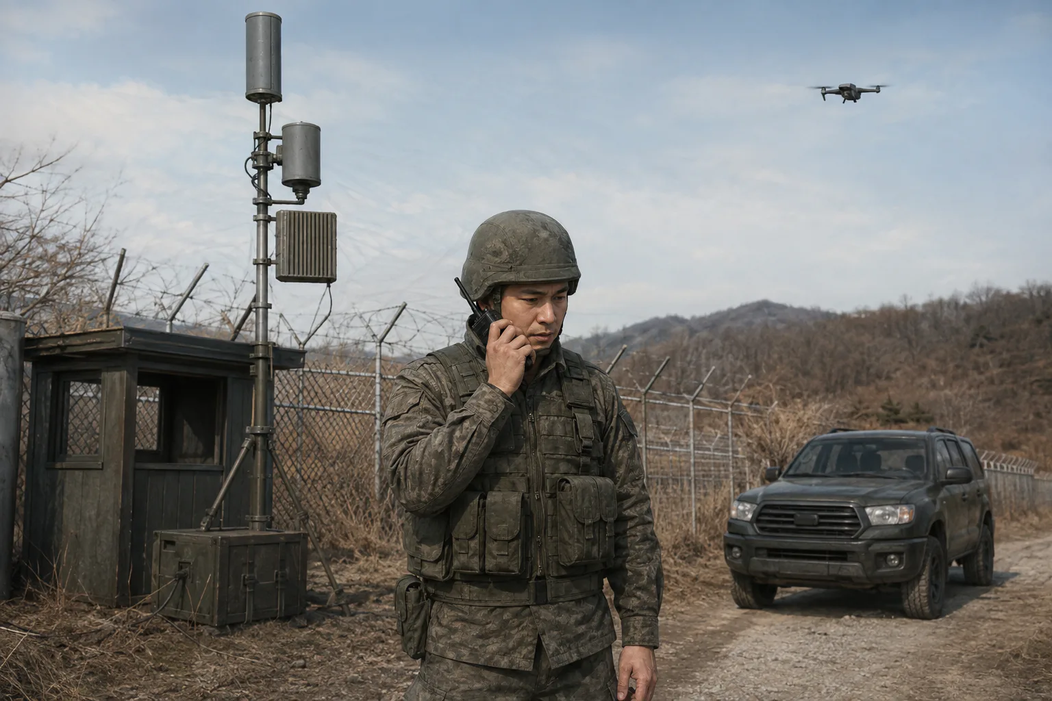 경계 초소의 재머가 작동하는 가운데 한 대원이 응답 없는 무전기를 확인하고 차량 위로 소형 드론이 날고 있다.