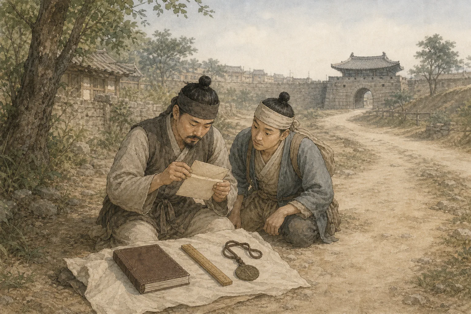도성 밖에서 봉서를 열고 곁에 놓인 사목·마패·유척을 확인하는 암행어사