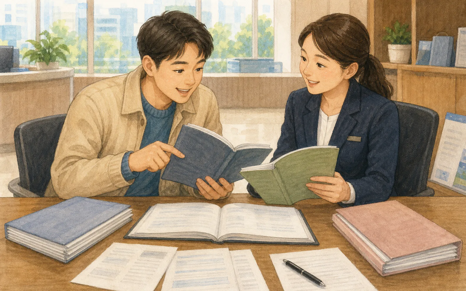 은행 상담 창구에서 고객과 직원이 대출에 적용되는 서로 다른 기준지표 자료를 비교하는 모습