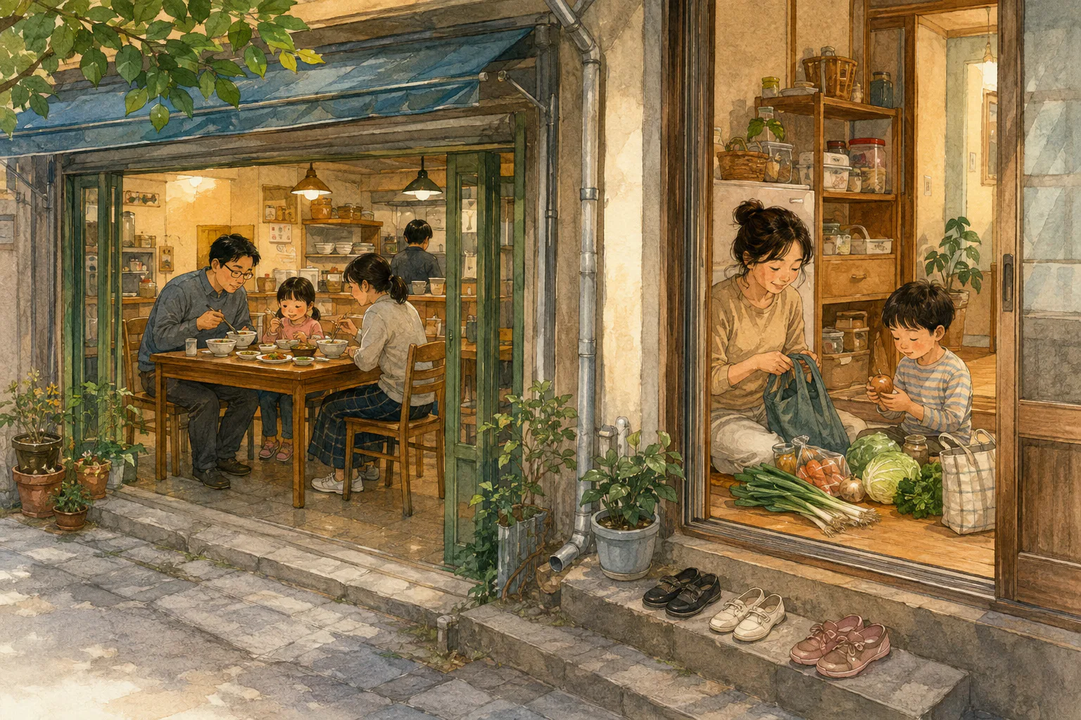 동네 골목에서 한 가족은 작은 식당에서 식사하고 다른 가족은 집 안에서 장본 식재료를 정리하고 있다.