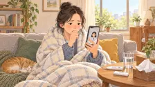 담요를 두른 성인이 체온계와 독감 검사 키트가 놓인 거실 소파에서 휴대전화로 의료진과 상담하고 있다.