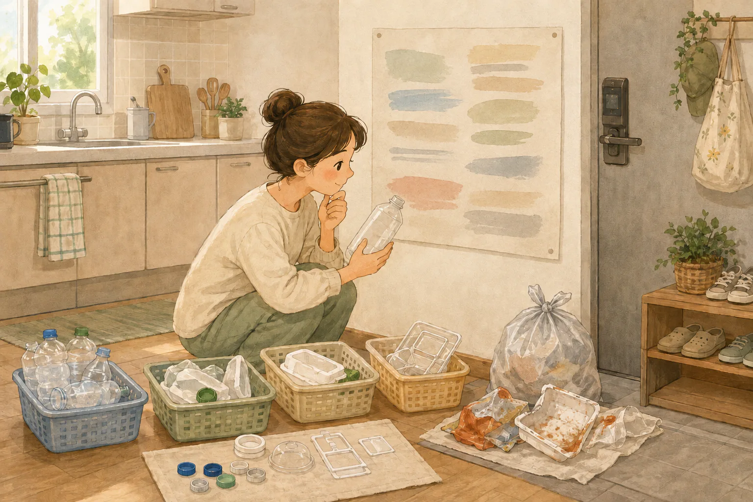 아파트 분리배출 공간에서 한 주민이 포장 용기의 표시를 살펴보며 분리한 뚜껑과 라벨은 재활용 바구니에, 오염된 포장재는 종량제봉투 옆에 따로 놓고 있어요.