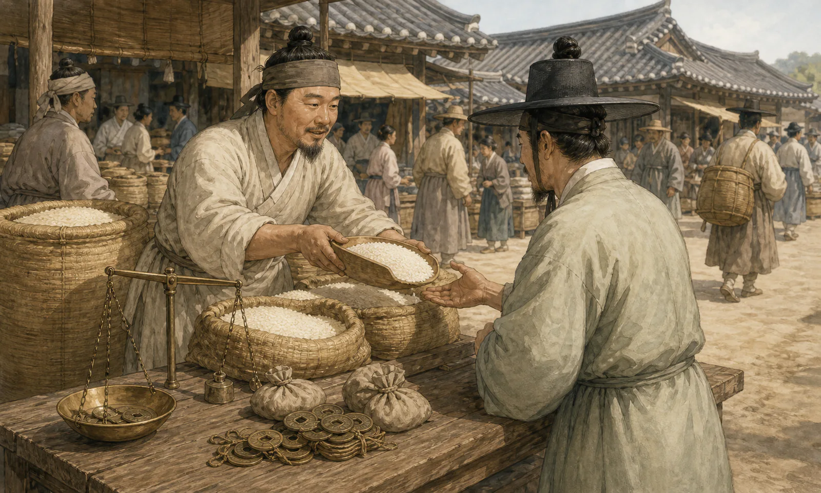 조선 후기 한양의 시장에서 상인이 상평통보가 놓인 좌판 앞에 서서 쌀가마니의 쌀을 됫박으로 퍼 손님에게 건네고 있다.