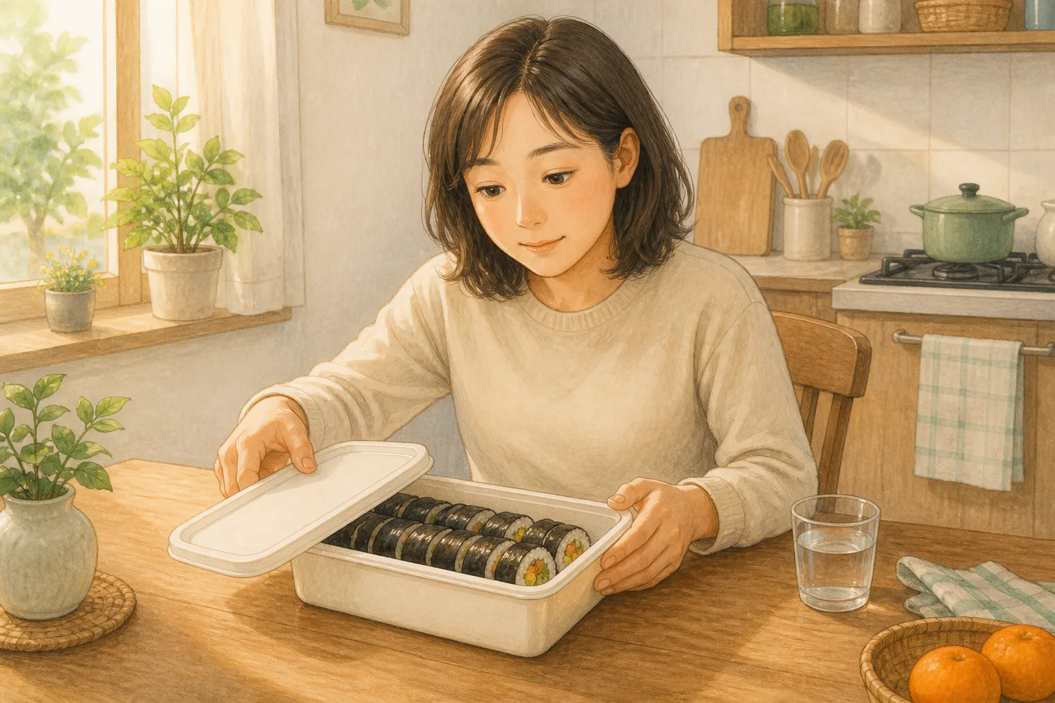 겉보기에는 멀쩡한 남은 김밥을 맛보지 않고 눈으로 살핀 뒤 용기 뚜껑을 닫는 사람