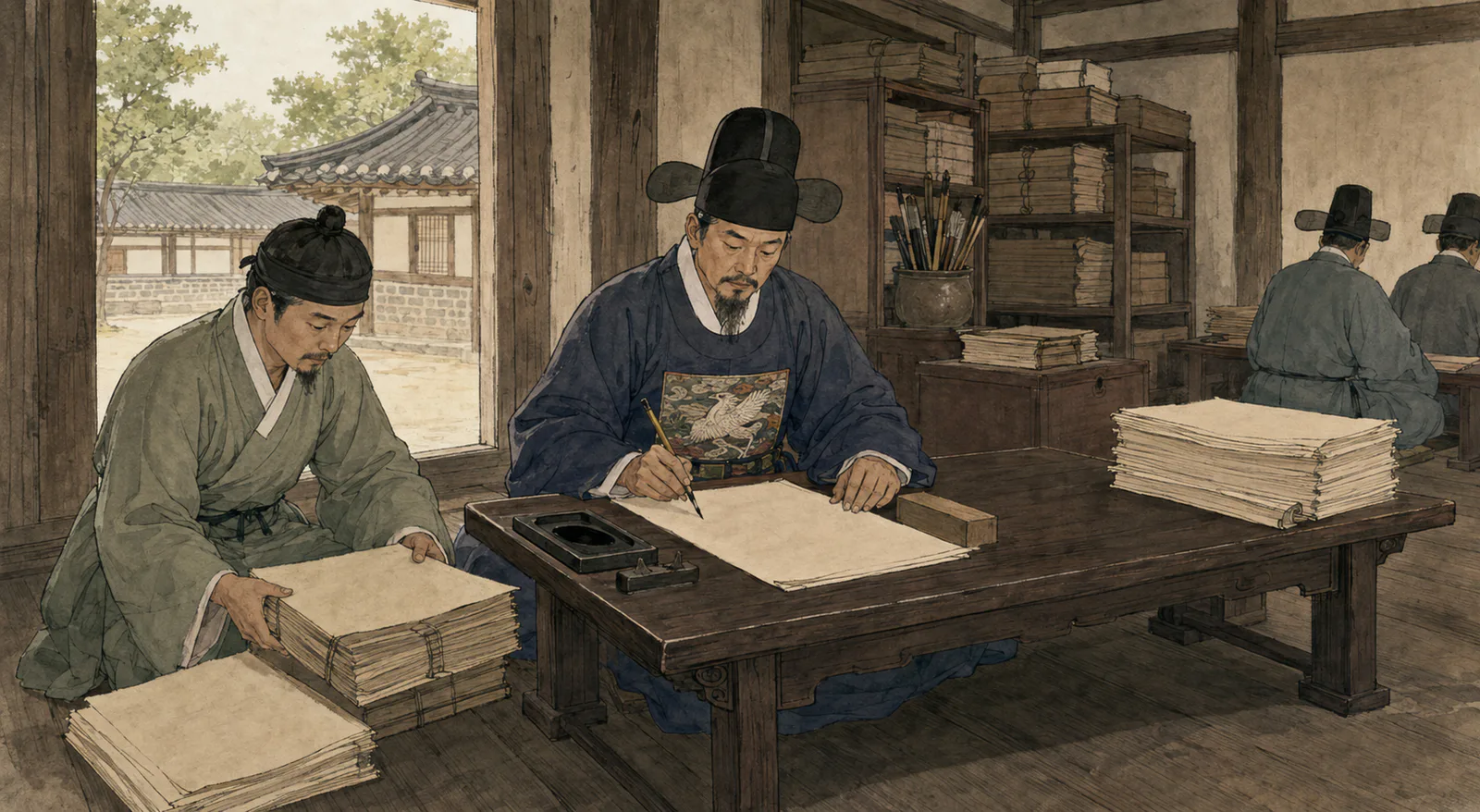 관아 대청에서 수령이 붓으로 청원 문서에 처결을 남기고, 옆의 서리가 낱장 소지와 묶음 문서를 나누어 정리하고 있어요.
