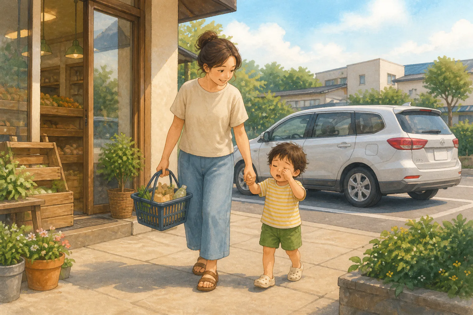 보호자가 주차된 승용차에서 아이와 함께 내려 손을 잡고 동네 매장 입구로 걸어가고 있어요.