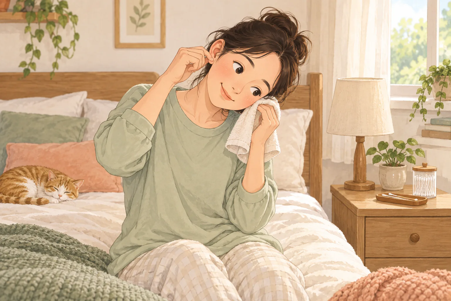 성인이 고개를 한쪽으로 기울여 귓불을 부드럽게 당기고 수건으로 귀 바깥의 물기만 닦고 있다.
