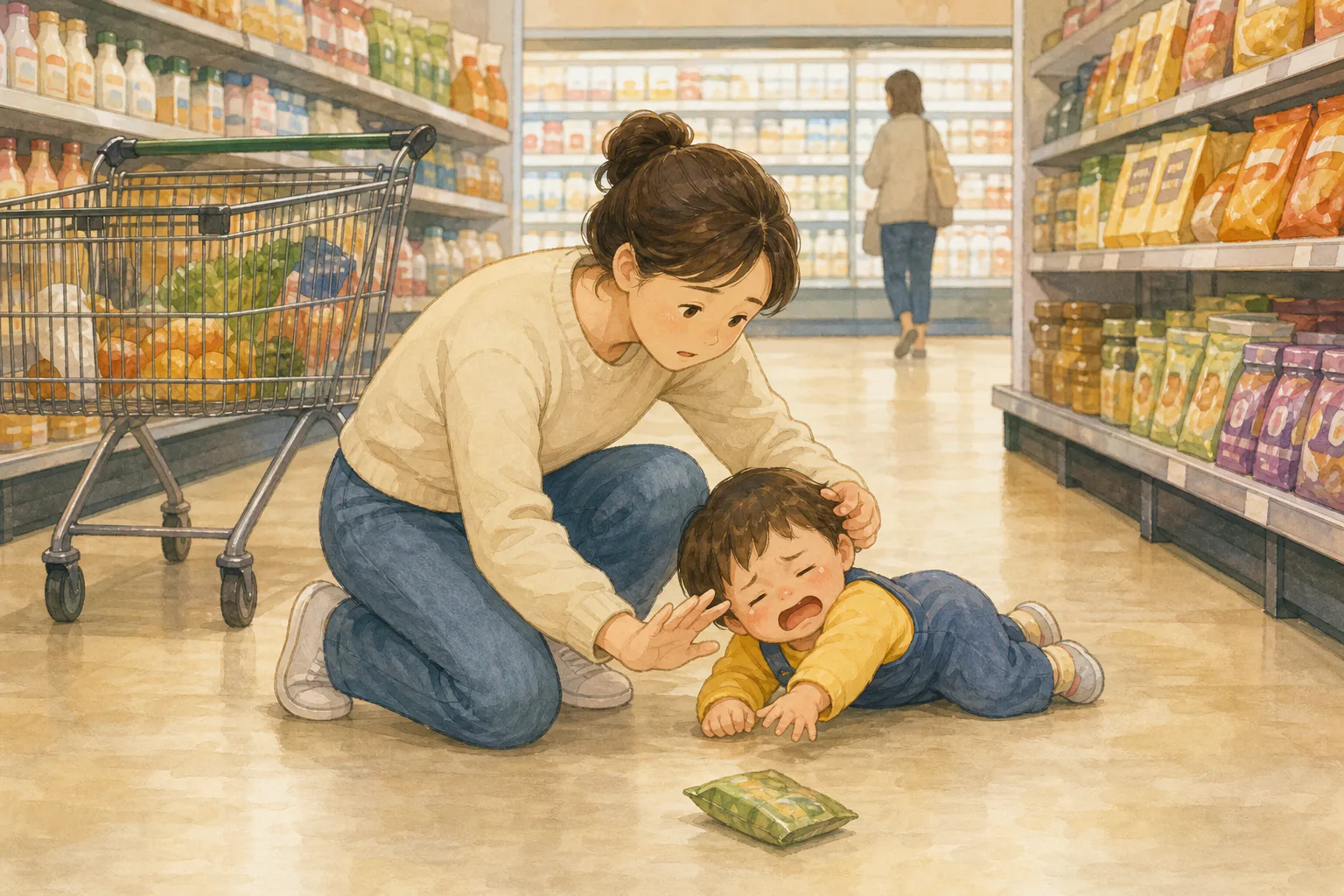 마트 바닥에 엎드려 우는 아이 곁에서 보호자가 다친 곳이 없는지 확인하는 모습