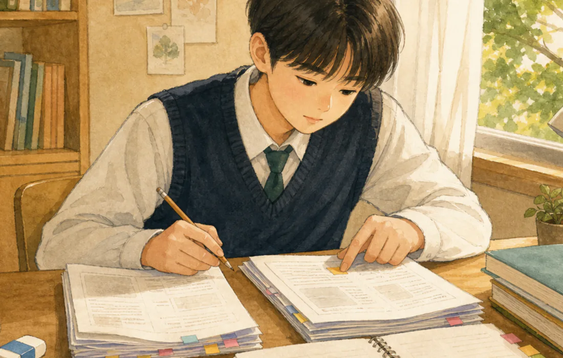 늦여름 햇빛이 드는 공부방에서 고등학생이 시험지 두 묶음과 오답 노트를 펼쳐 놓고 색인 스티커가 붙은 문항을 비교하고 있어요.