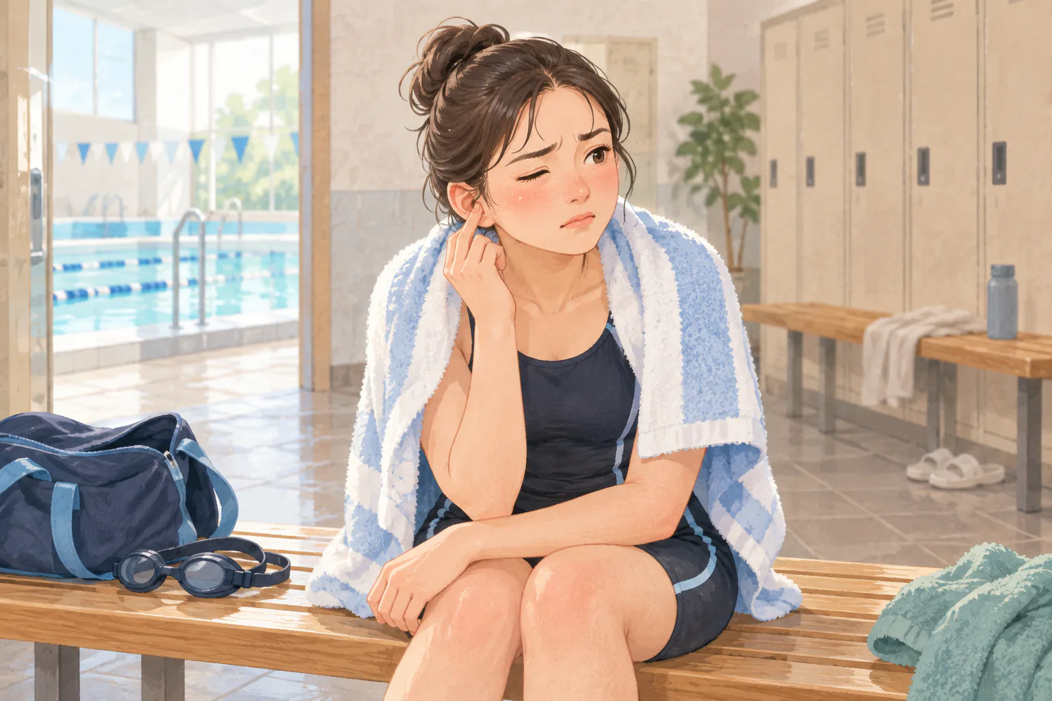 실내 수영장 탈의실에서 수건을 두른 성인이 귀 앞부분을 조심스럽게 누르며 아픈 표정을 짓고 있다.