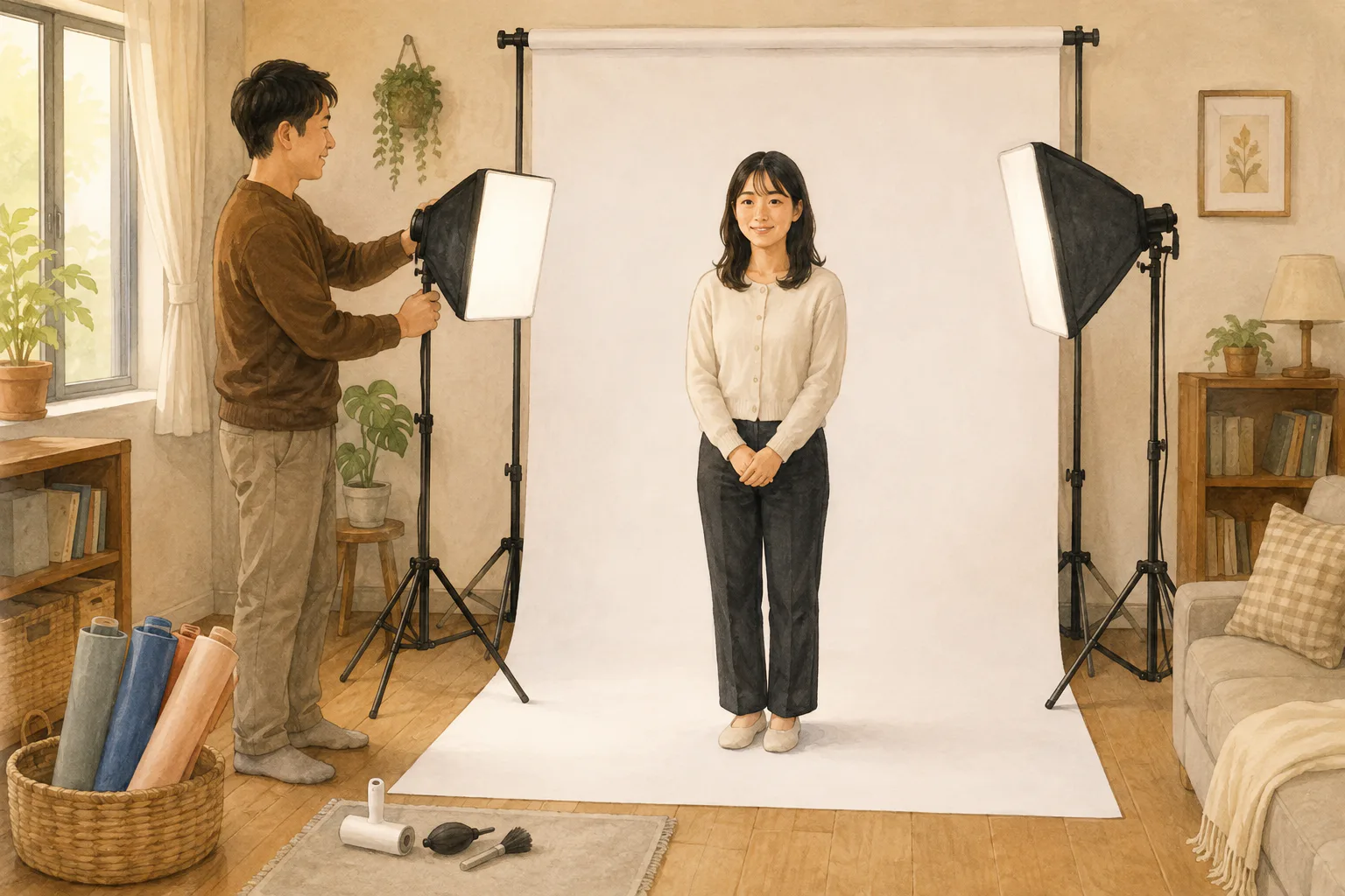 한 사람이 흰색 배경지 앞에 서 있는 동안 다른 사람이 양옆의 조명을 조절해 얼굴과 벽의 그림자를 줄이고 있다.