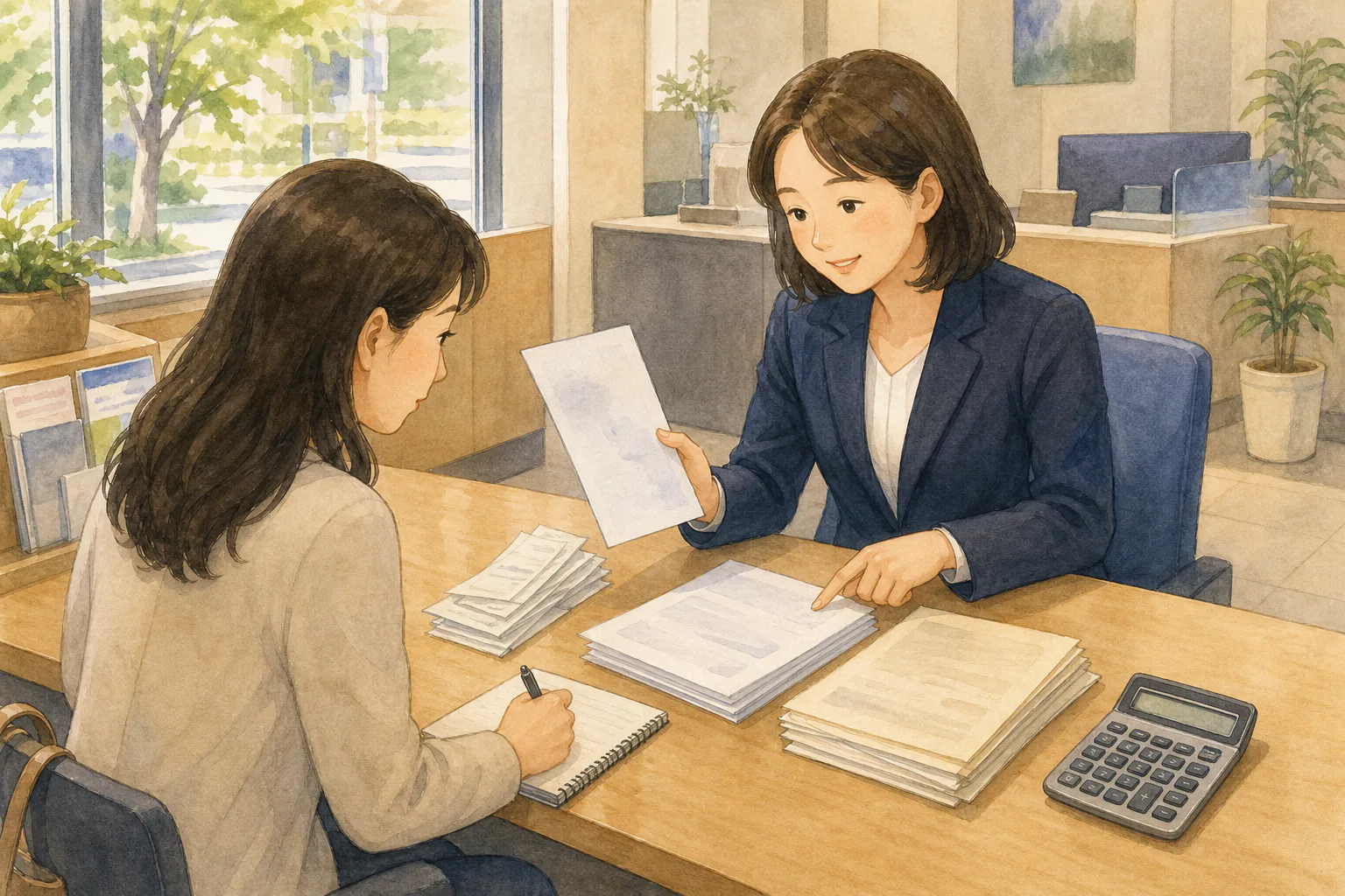 은행 상담 창구에서 고객과 상담사가 카드 영수증과 소득·대출 서류를 나누어 놓고 계산기 옆에서 함께 검토하고 있다.