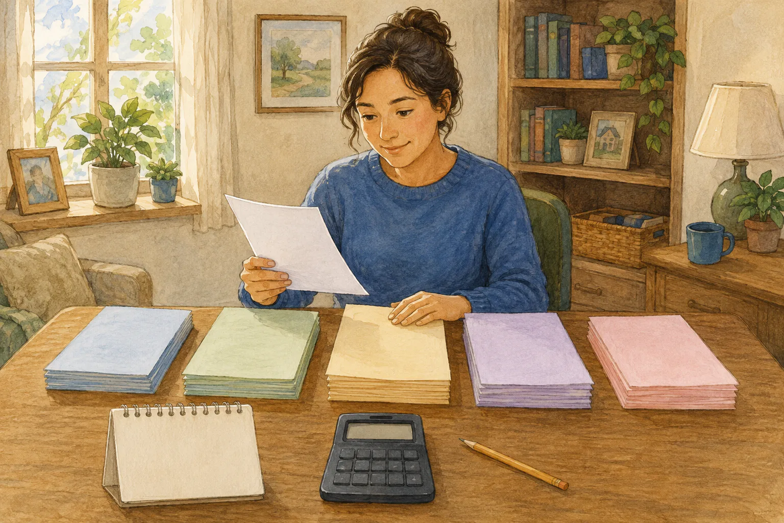 집 안 책상에 앉은 사람이 대출 서류 여러 묶음과 달력, 계산기를 펼쳐 놓고 자료를 하나씩 대조하고 있다.
