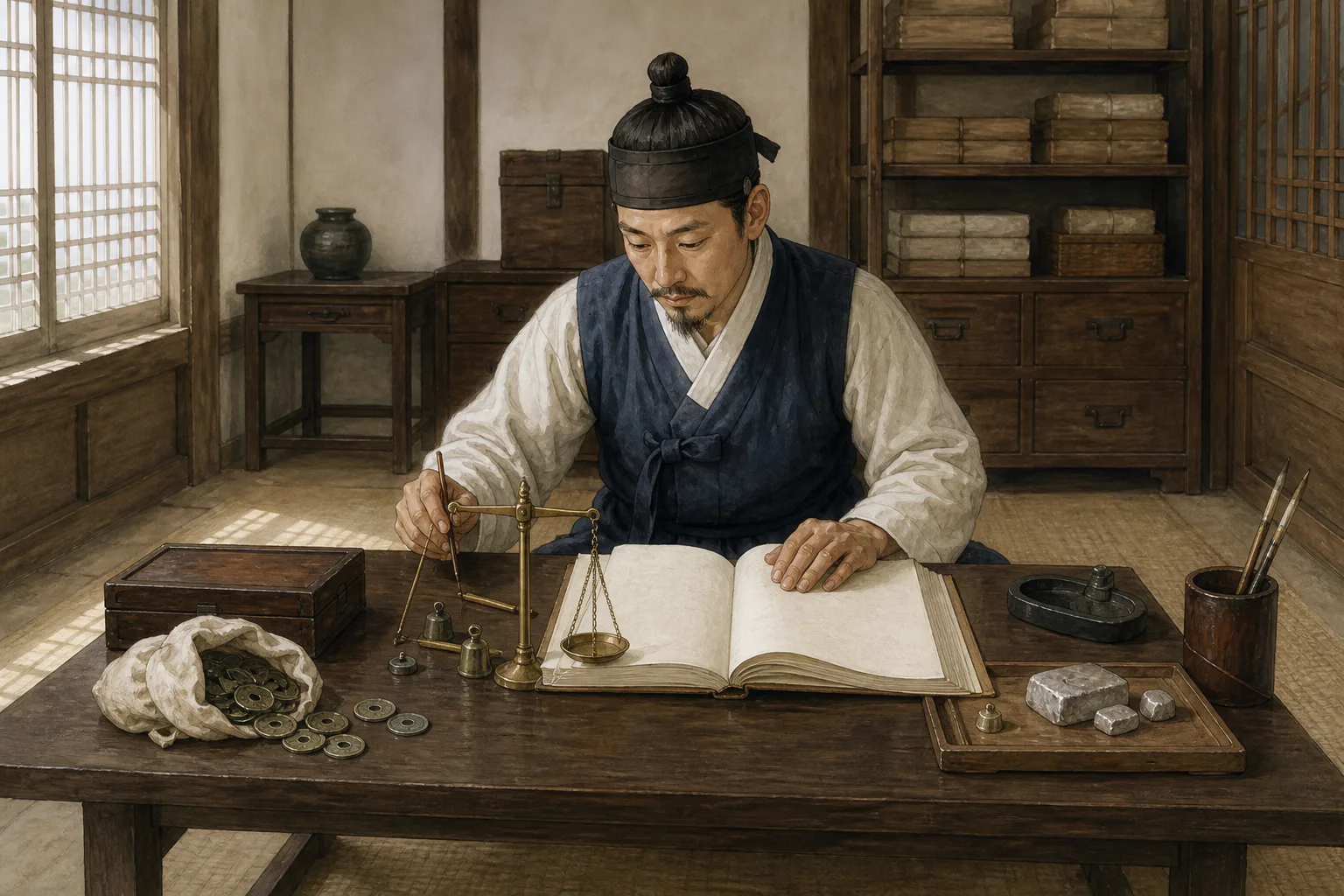 조선 후기 관청의 서리가 낮은 책상에서 상평통보 꾸러미와 작은 은괴를 서로 떨어뜨려 놓고 놋쇠 저울과 장부를 살피고 있다.