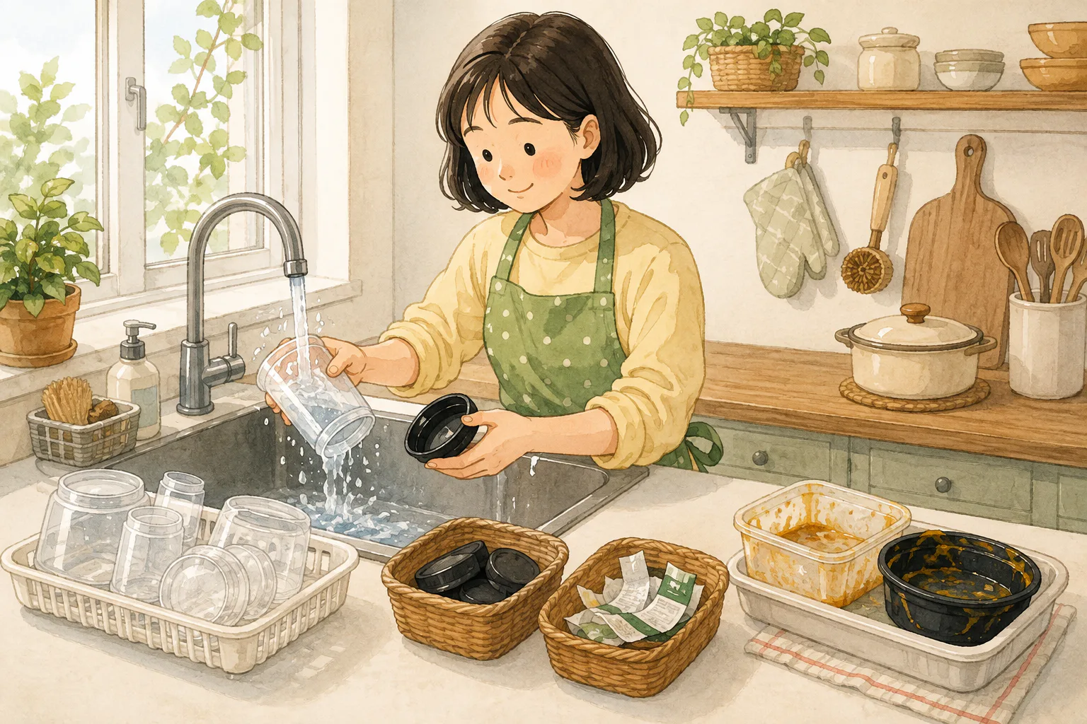 싱크대 앞의 사람이 빈 용기를 헹구고 뚜껑과 라벨을 떼어 바구니에 나누는 동안 기름이 굳은 포장재는 옆에 따로 놓여 있어요.