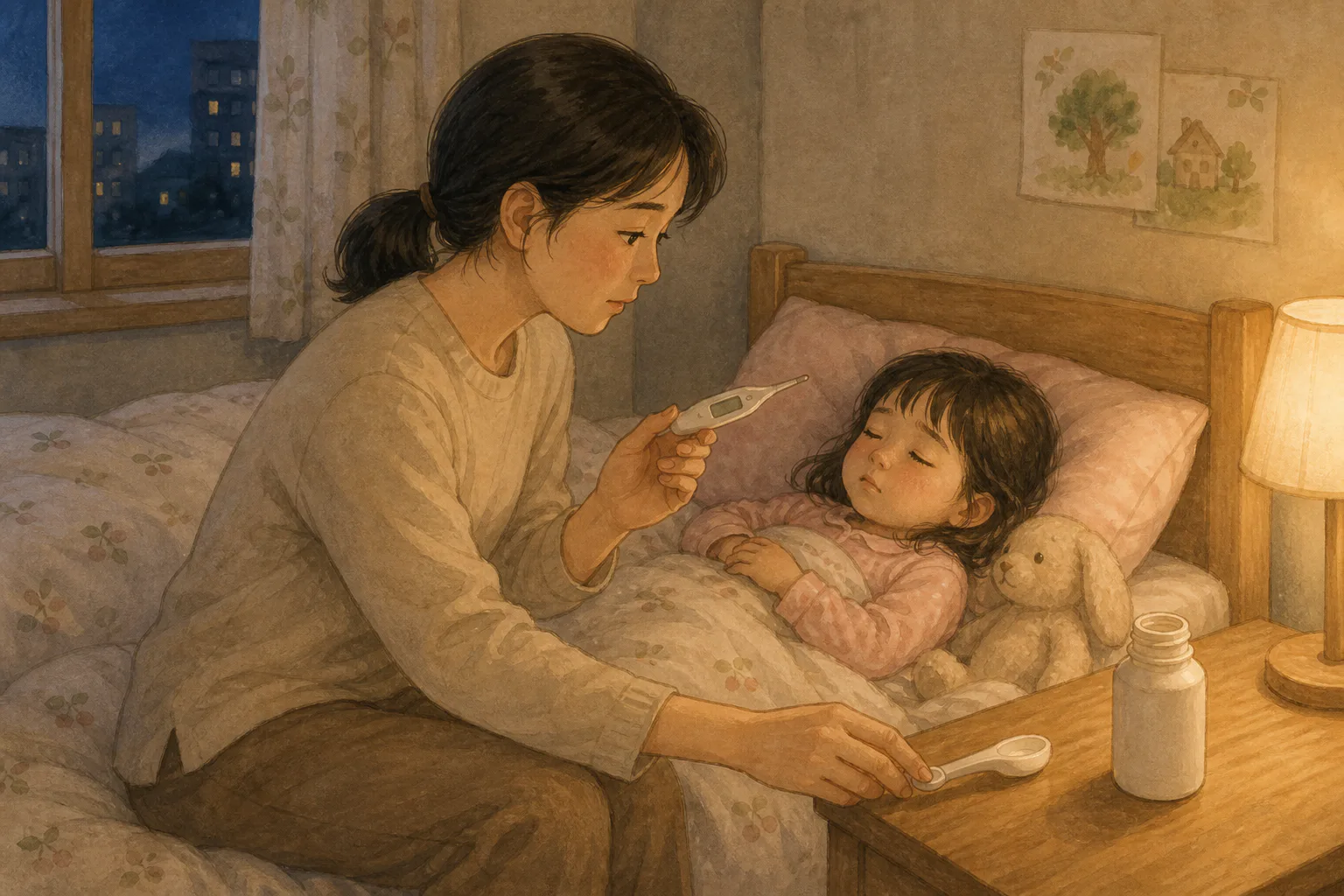 저녁 침실에서 보호자가 누워 있는 아이 곁에 앉아 체온계를 살피고, 침대 옆 탁자에는 약병과 빈 계량 스푼이 놓여 있어요.
