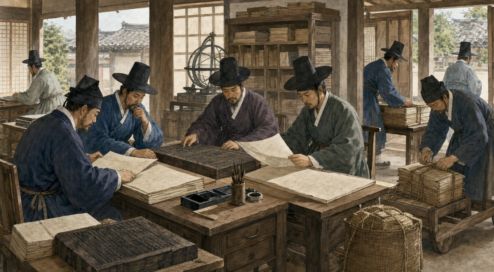 관상감 관리들이 관청 안에서 목판과 종이를 살피고 갓 인쇄한 책력 묶음을 운반할 준비를 하고 있어요.