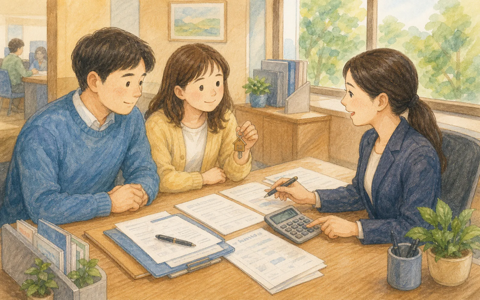 은행 상담 창구에서 부부가 소득과 기존 대출 자료를 내놓고 직원과 주택대출 조건을 상의하고 있다.