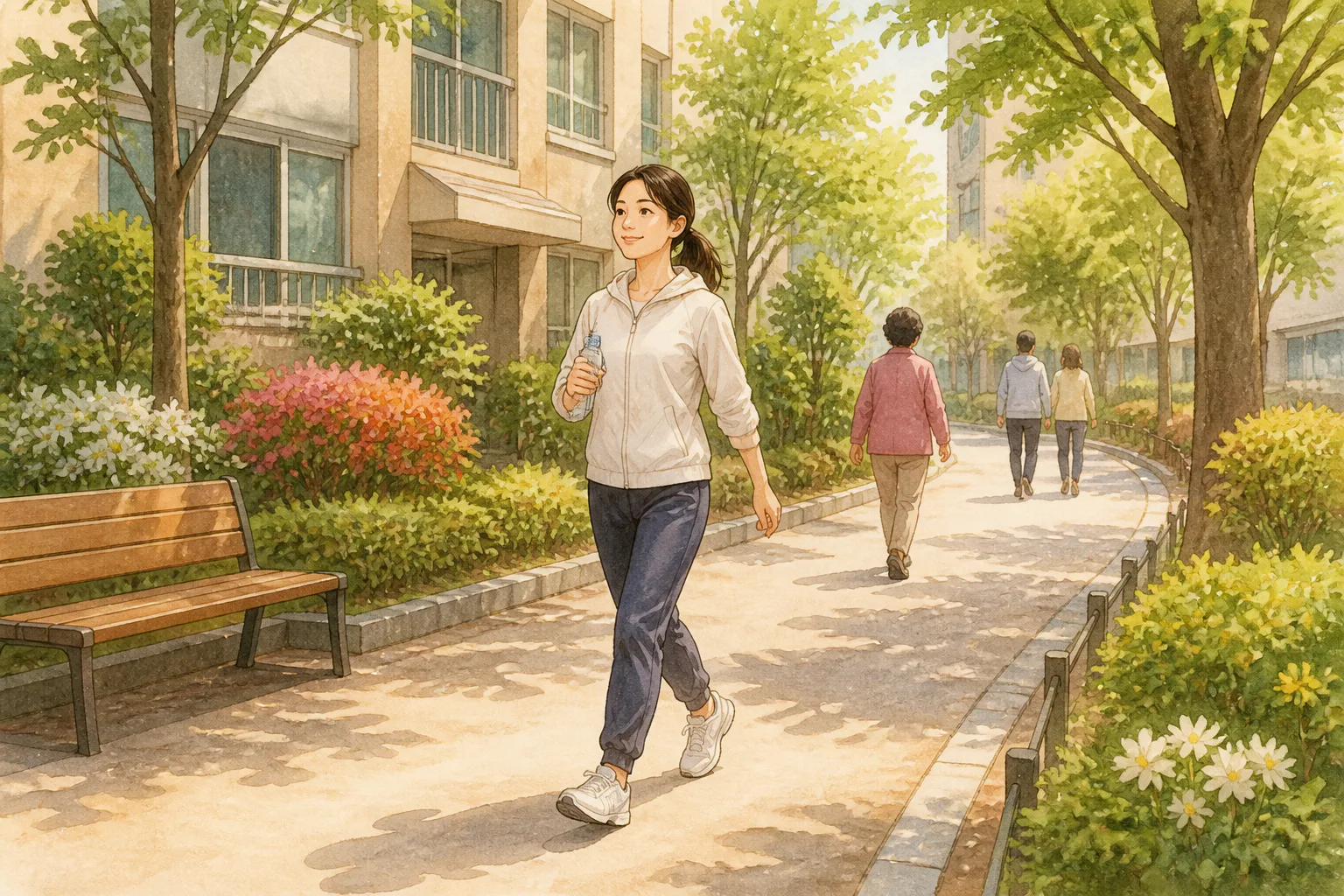 운동복을 입은 성인이 아파트와 가로수가 보이는 동네 산책로에서 물병을 들고 빠르게 걷고 있다.