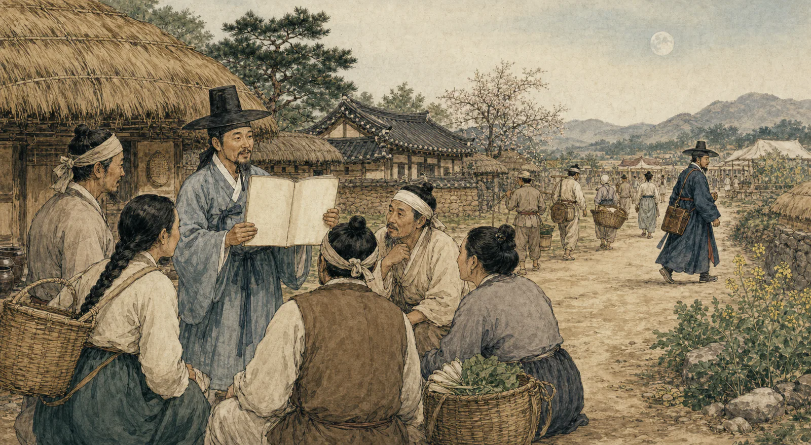 조선 후기 마을 어귀에서 책력을 펼친 훈장에게 농민과 장꾼들이 날짜를 묻고, 뒤편으로 장터 행렬과 관청 전령이 지나가고 있어요.