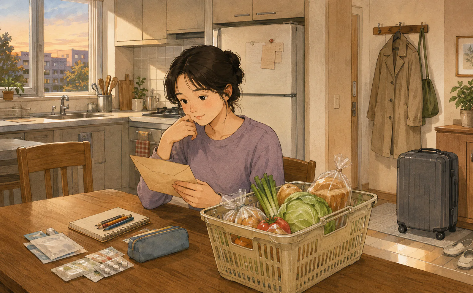 주방 식탁에서 한 사람이 식료품과 생활비 봉투를 살피고 있으며 옆에는 약봉지와 학용품, 현관에는 닫힌 여행 가방이 놓여 있다.