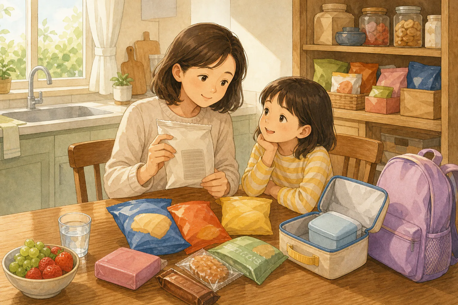 주방 식탁에서 보호자와 아이가 여러 간식 봉지의 영양정보를 함께 확인하는 모습