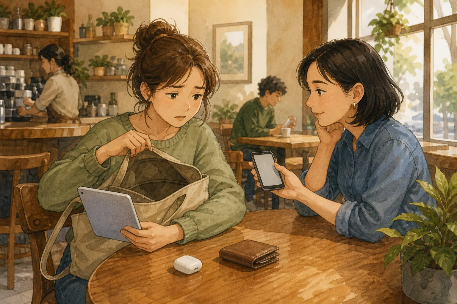 카페 테이블에서 한 사람이 빈 가방을 살피며 태블릿을 조작하고 옆 사람의 휴대폰으로 통화하고 있다.