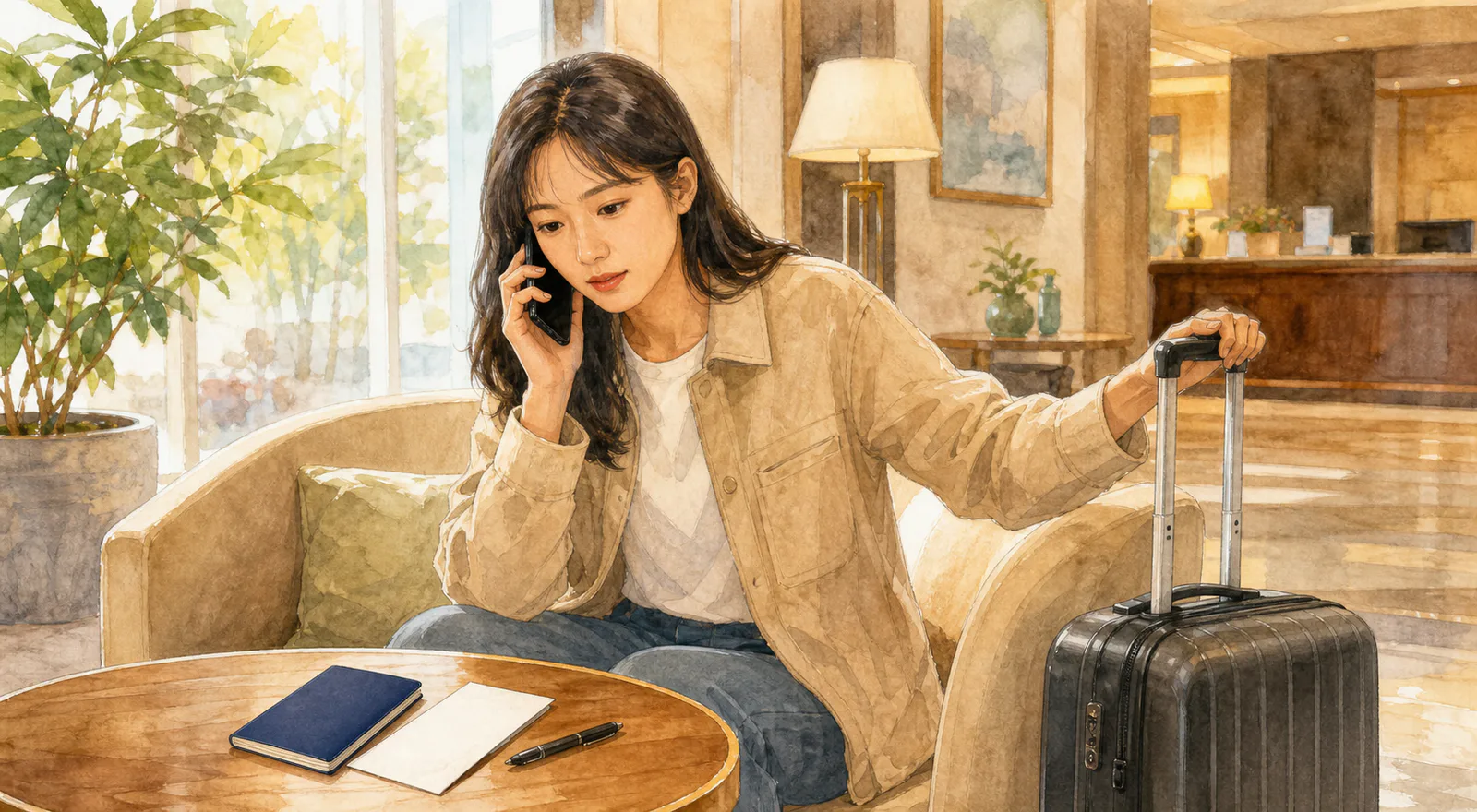 호텔 휴식 공간에서 캐리어를 곁에 둔 여행자가 무지 여권 책자와 항공권 봉투를 앞에 놓고 항공사에 전화하고 있다.