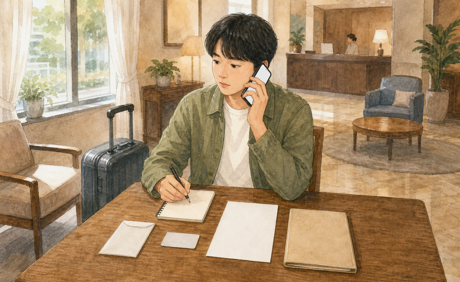 숙소 로비 테이블에서 여행자가 휴대전화 통화를 하며 증명사진과 신분증, 경찰 신고 서류를 정리하고 있다.
