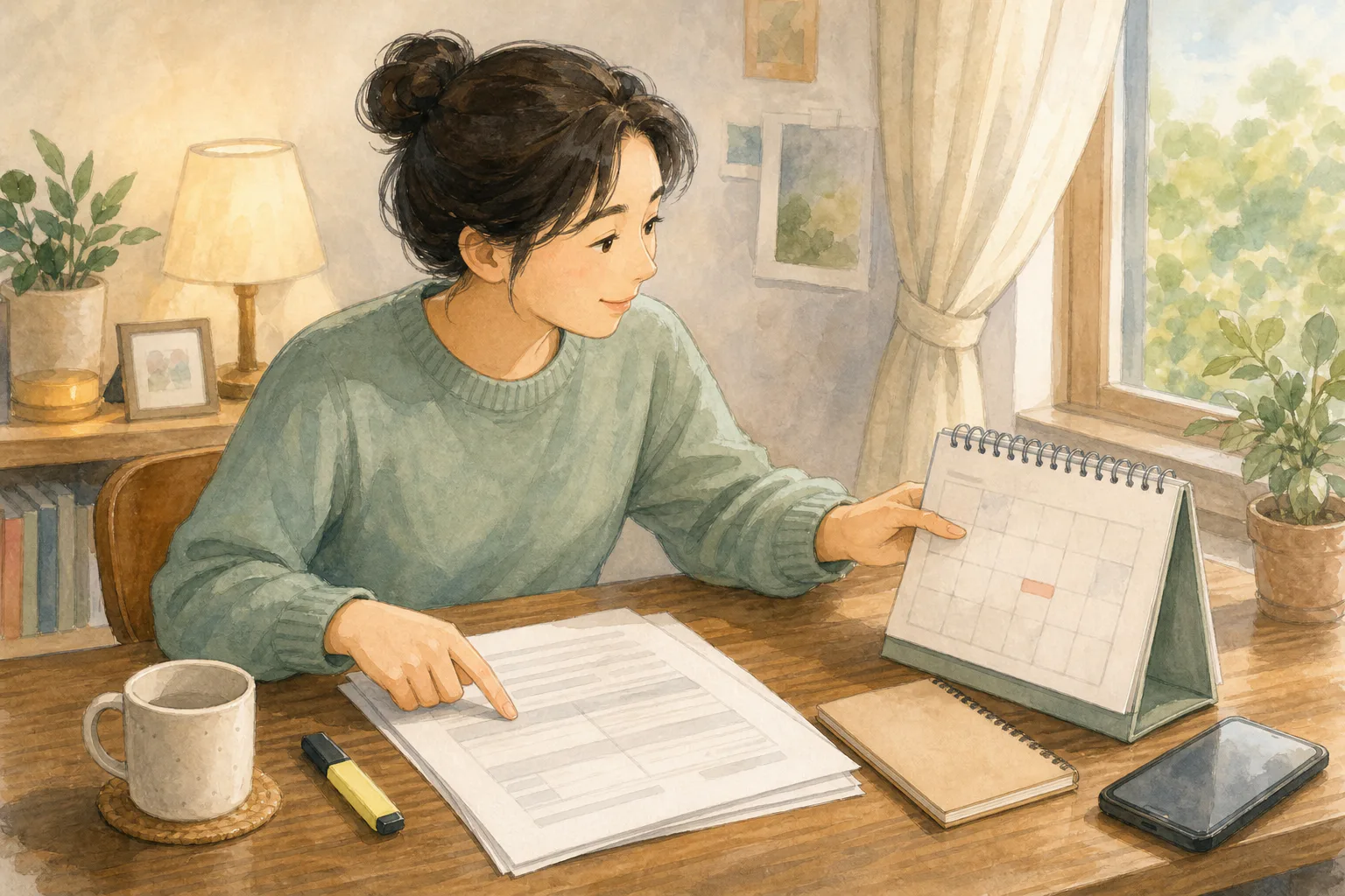 대출 약정서의 금리 조건을 살펴보며 탁상 달력에서 다음 재산정일을 확인하는 사람