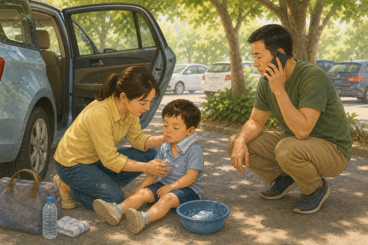 그늘로 옮겨진 아이의 목과 팔을 보호자가 시원한 물수건으로 식히고, 옆의 성인은 휴대전화로 도움을 요청하고 있어요.