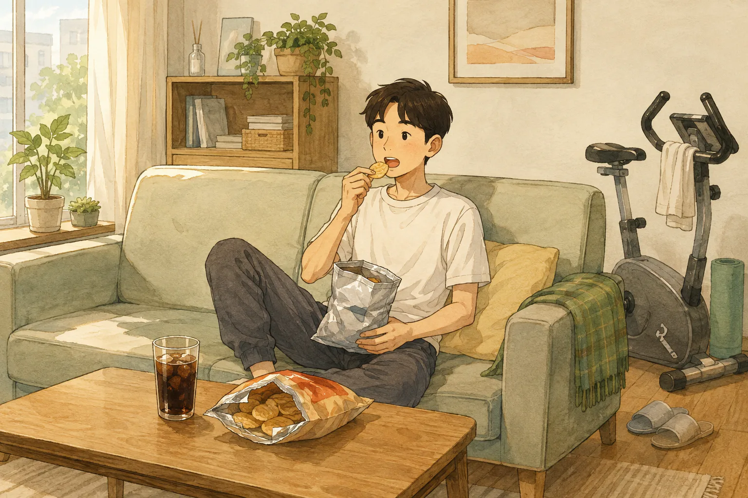 마른 체형의 성인이 소파에 앉아 단 음료와 과자를 먹고 있으며 뒤쪽에 사용하지 않은 운동기구가 놓여 있는 모습.