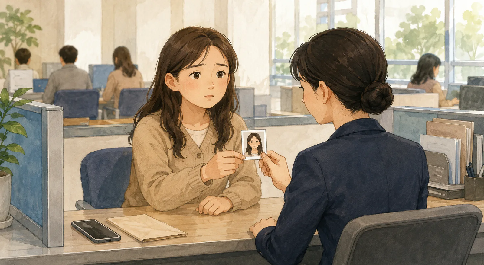 구청 여권 접수 창구에서 담당자가 신청자가 내민 증명사진과 실제 얼굴을 대조해 살펴보고 있다.