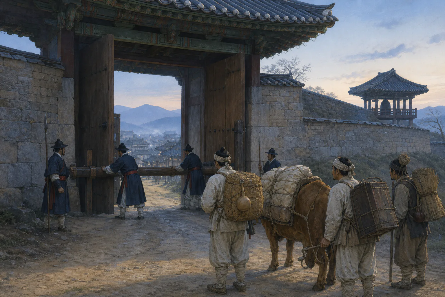 푸른 새벽빛 아래 수문군들이 성문의 빗장을 풀어 문을 열고 짐을 진 상인과 소를 이끄는 농민들이 밖에서 기다리고 있어요.