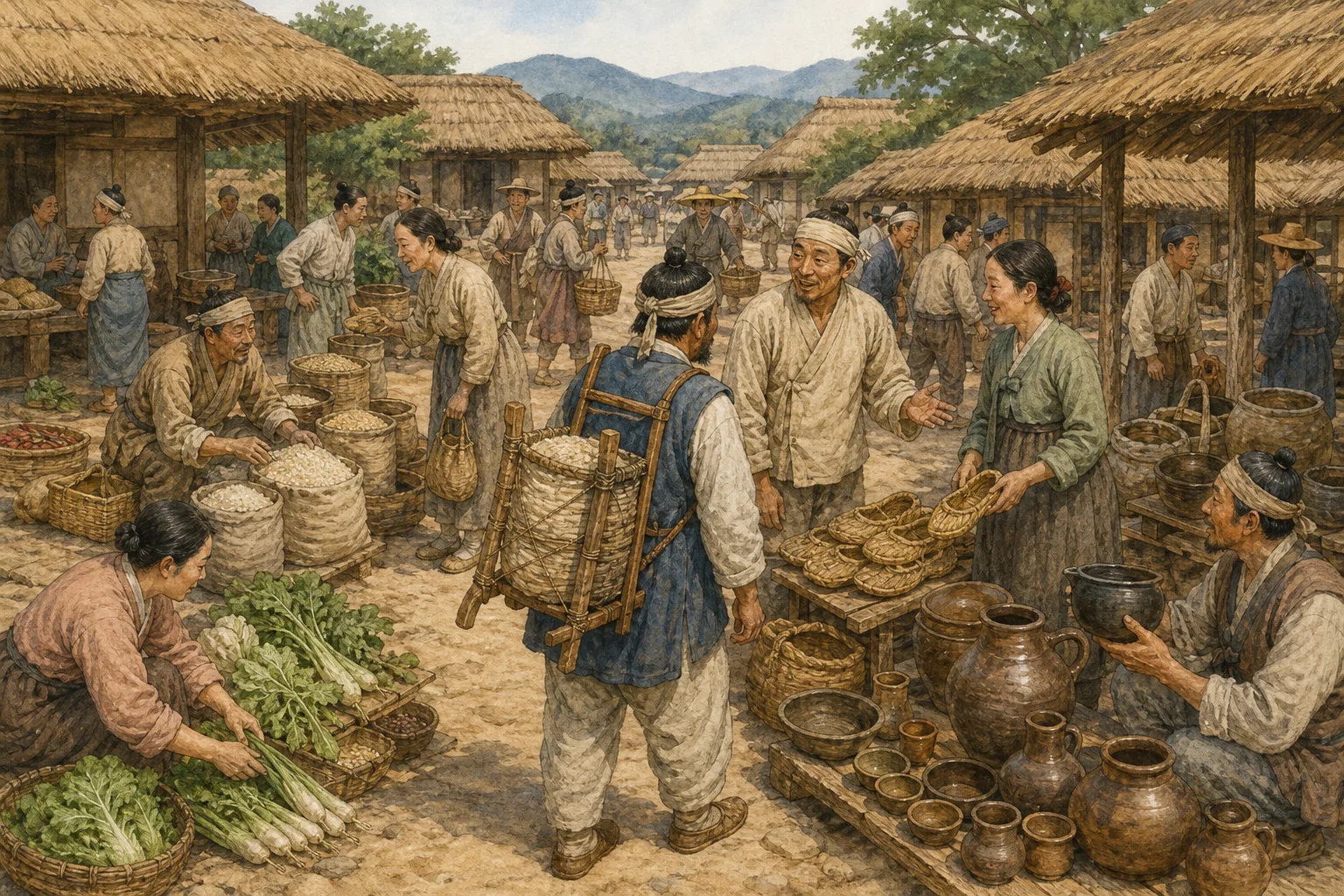 초가집 사이 오일장에서 주민들이 곡식과 옹기와 채소를 사고팔며 서로 이야기를 나누고 있어요.