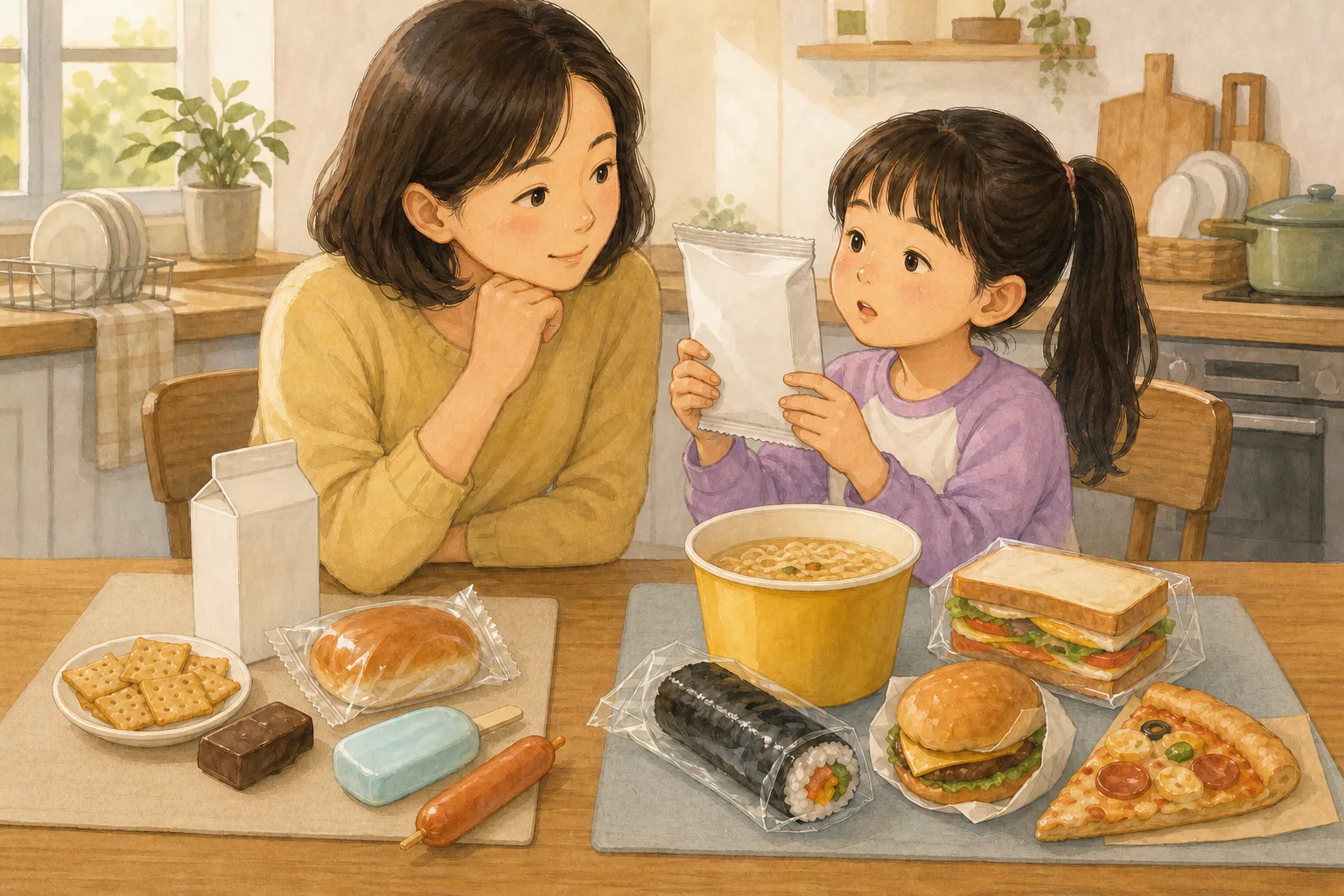 보호자와 아이가 라면·김밥·햄버거 등 여러 식품 옆에서 간식 봉지를 살펴보는 모습
