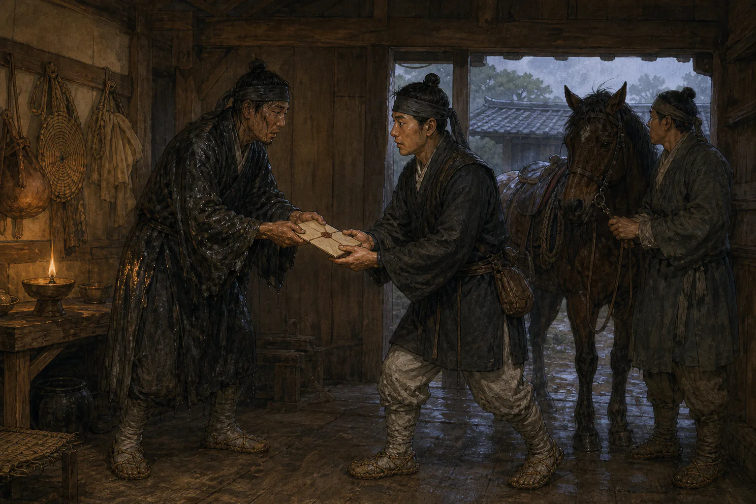 등잔이 켜진 목조 파발참에서 젖은 도포를 입은 발군이 봉인된 문서를 당직 발군에게 건네고 역졸은 출발할 말의 고삐를 잡고 있어요.