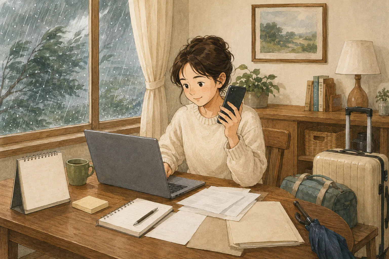 창밖의 비바람을 바라보며 식탁에 앉은 여행자가 노트북과 예약 서류를 확인하고 전화기를 들고 있다.