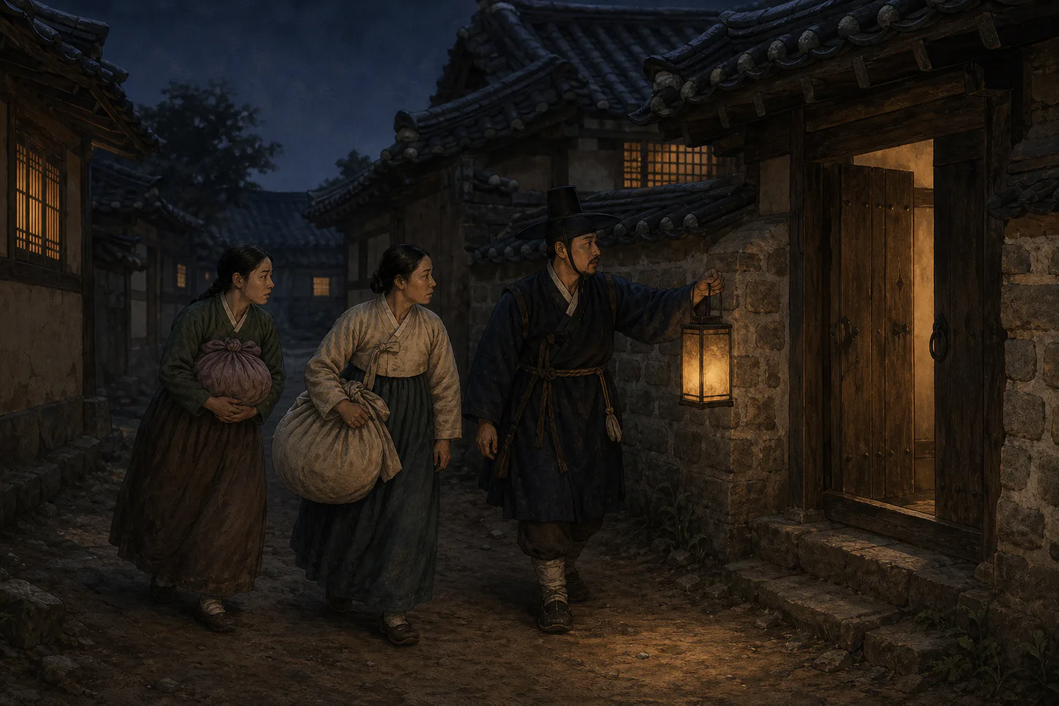 한밤중 등불을 든 경수소 사람이 보퉁이를 든 산파와 가족을 닫힌 대문이 늘어선 한양 골목으로 안내하고 있어요.